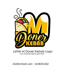 Letter M Meat Kebab Dishes Vector Logo Design Illustration Food on White Background for Turkish and Arabian Fast Food Restaurant and Cafe. Initial Typography Logotype Template