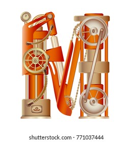 The letter M of mechanic alphabet. Steampunk font style. Mechanical design. Made in the form of a mechanism with moving and stationary parts with tubes, gears and pistons in red casing.