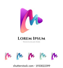 Letter M media play logo concept with multiple gradient color