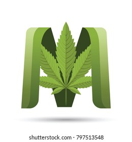 Letter M. Medical Marijuana, Cannabis Green Leaf Logo. Vector Illustration.