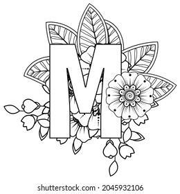 Letter M with Mehndi flower. decorative ornament in ethnic oriental style. coloring book page. 