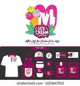 Letter M Melting Ice Cream Balls in Waffle Cone Logo on White Background for Ice Cream Shop with Brand Identity Include Shirt. Apron. Hat. Cup. Pin. Glass. Business Card. Paper Bag