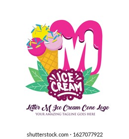 Letter M Melting Ice Cream Balls in the Waffle Cone Isolated on White Background. Vector Flat Modern Style. Colorful Logo in Cartoon Style Illustration for Ice Cream Shop Café and Restaurant