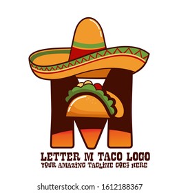 Letter M Mexican Meat Taco Dishes with Sombrero Hat Vector Logo Design Illustration Food on White Background for Restaurant and Cafe. Initial Typography Logotype Template