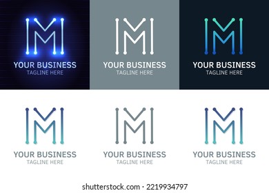 Letter M minimal logo icon design. Vector template graphic elements. Technology, digital interfaces, hardware and engineering concepts. Graphic made of circuits