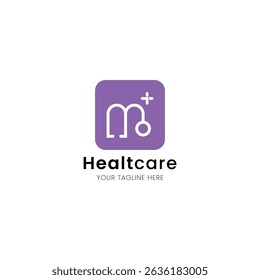 Letter M minimalist and iconic healthcare logo, medical and clinic with stethoscope