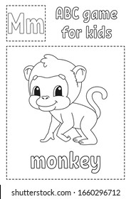 Letter M is for monkey. ABC game for kids. Alphabet coloring page. Cartoon character. Word and letter. Vector illustration.