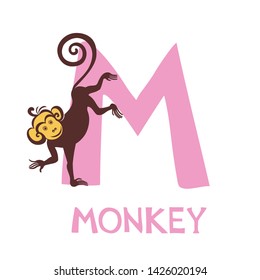 Letter M and Monkey. English alphabet with animals. Cartoon characters isolated on white background. Flat design. Zoo theme. Colorful vector illustration for kids. Vector illustration