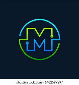 Letter M Mono Line Logo With Element Chip, Connect Concept , Circle Shape Symbol, Green And Blue Color, Technology And Digital Abstract Dot Connection - Vector