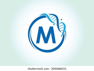 Letter M monogram alphabet in a circle with DNA. Genetics logo design concept. Font emblem. Modern vector logo for medicine, science, laboratory, business, and company identity