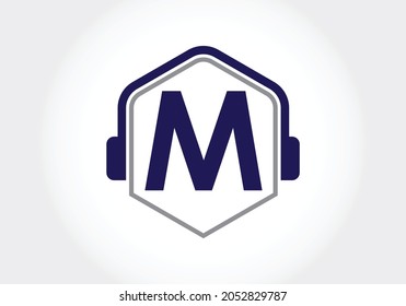 Letter M monogram alphabet with a headphone. Headphone Logo vector icon symbol. Music sign symbol. Font emblem. Design element for poster, banner, t-shirt, notebook cover, sticker, greeting card, bag,