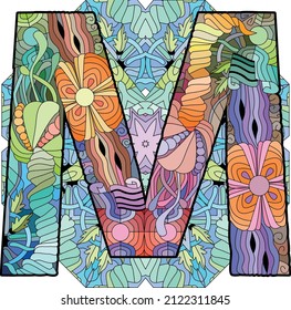 Letter M monogram, engraving design on mandala. Vector illustration.