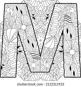 Buchstaben M Monogramm, Gravierungsdesign auf Mandala zum Färben. Vektorgrafik.