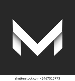 Letter M monogram initial logo with lines sharp shape 3D overlapping white ribbons, paper cut material design creative calligraphy element, gray and white gradient wide stripes identity logotype.