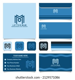Letter M monogram logo design with business card and envelope template