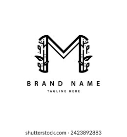 Logotipo de letra m monograma con diseño de tema de hoja natural
