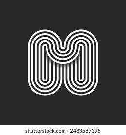 Letter M monogram logo rounded wave shape design, smooth thin parallel lines with shadows, ovals and semicircles geometric pattern, linear typography mark.