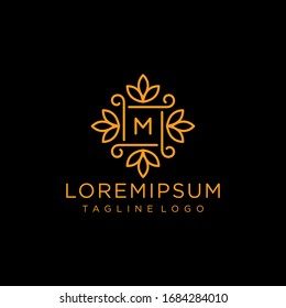 Letter M monogram Logo with simple floral frame
