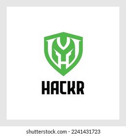 Letter "M" monogram and shield sign combination. Line art logo design. Symbolizes reliability, safety, power, security. Eps10 vector luxury logotype.