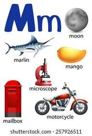 Letter M for moon, marlin, mango, microscope, mailbox and motorcycle on a white background