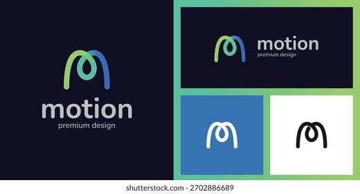 Diseño de logotipo de movimiento de letra M con forma de curva suave que simboliza el movimiento, la creatividad y el flujo digital moderno para medios, Creative Studio, empresa de inicio tecnológico