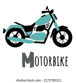 Letter M and Motorcycle. Children ABC poster with transport. Motorcycle for kids learning English vocabulary