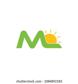 letter m mountain sunrise design logo