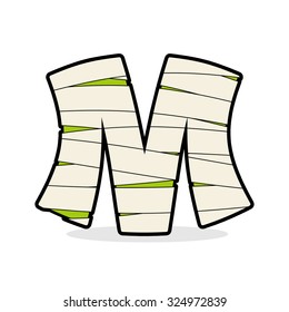  Letter M Mummy. Typography icon in bandages. Horrible Egyptian elements template zombies alphabet. ABC concept type as logotype.