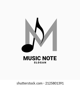 letra M con diseño de logotipo vectorial de nota musical