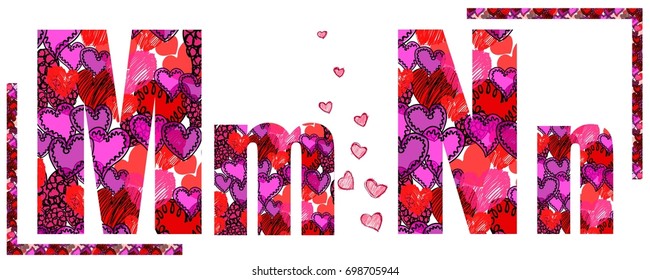 Letter M and N made of red and pink hearts on white background, vector