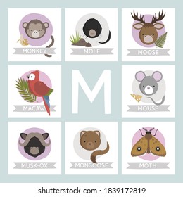 Letter M named animals. Cute animals alphabet for kids from A to Z. Cartoon animals card. Vector illustration