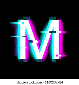 The letter M with neon and glitch effects. English alphabet. Vector.