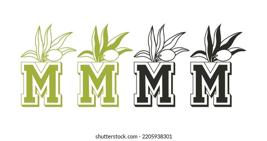 Plantilla de símbolo del icono del vector del logotipo del árbol de oliva M. Ilustración de vectores de oliva. M Vector de aceite de oliva