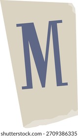 Letra M en hoja de papel en ángulo, gráfico plano con geometría limpia y bordes rasgados ásperos. Glifo serif en negrita sobre textura de póster irregular, sombreado mínimo y contorno nítido. Ilustración vectorial de dibujos animados