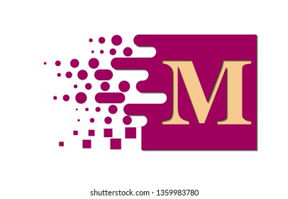 Letter M on a colored square with destroyed blocks on a white background