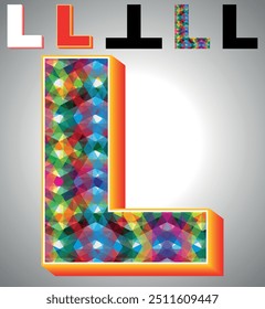 Letter M on triangular pattern mosaic royalty vector, Colorful triangles form M mosaic design, This graphic design is set against M white triangular background, Polygonal 3D Alphabet M, A to Z Letter.