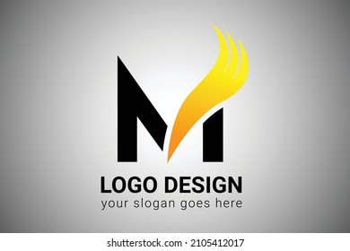 Letra M con color de gradiente naranja Elegante diseño de ala minimalista. Ilustración del vector de iconos de Swoosh con letra Creative M.