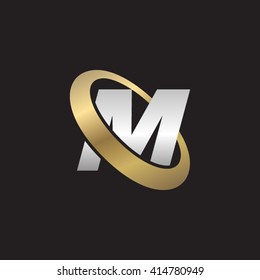 Letter M orbiting swoosh business logo gold silver black background