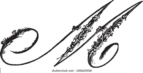 A letter M in ornamental script, vintage line drawing or engraving illustration