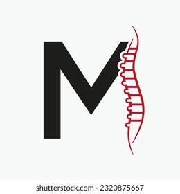 Letter M Orthopedic Health Bone Logo Design With Back Bone Icon. Bone Health Logo Sign