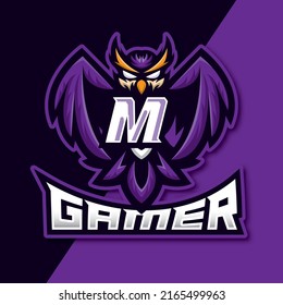 Letter M Owl Mascot esport gaming logo design, owl night bird illustration, bird gamer esport logo
