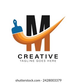 Letter M Paint Brush Logo. Alphabet M House Paint Business Icon