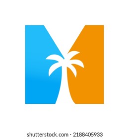 Logo-Design des Buchstaben M Palm Tree Design-Konzept für das Landschaftssymbol von Travel Beach