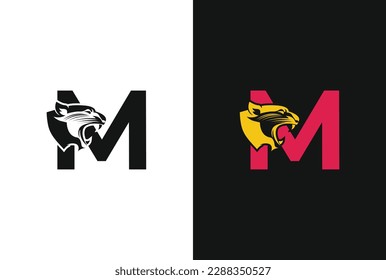 Letter M with panther head illustration in flat design monogram symbol. M panther head icon logo vector.