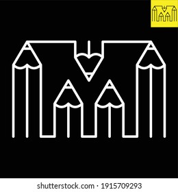 Letter M of Pencils Monogram Logo in Line Art Style,Vector design in EPS 8