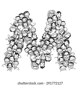 Letter M, people crowd, vector alphabet for your design