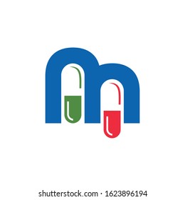 Letter M Pill or Capsule Logo Design. Initial Geometric Medicine Vector Graphic.