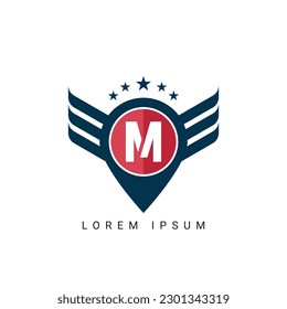 Letter M Pin initial shield with wings logo design