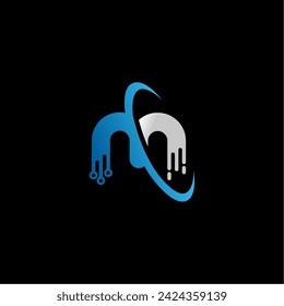Logotipo de píxel de letra M color azul. Tecnología e ilustración vectorial de logotipo digital