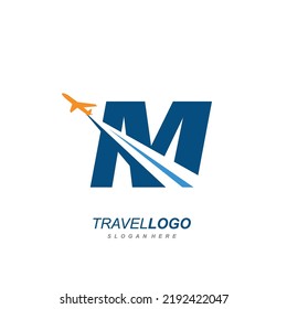 letter M with plane logo vector template. logo for travel label, tourism, journey posters, airways identity, and tech transportation